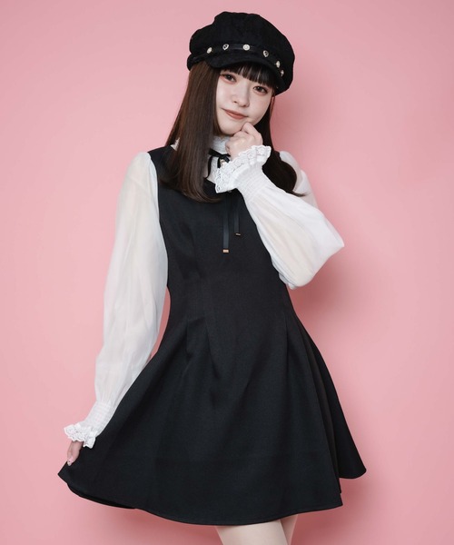ROJITA（ロジータ）の「ハイネックビジュ釦バイカラーワンピース（ワンピース・レディース・ブラック/ベージュ/ブルー・FREE）」の7枚目の写真