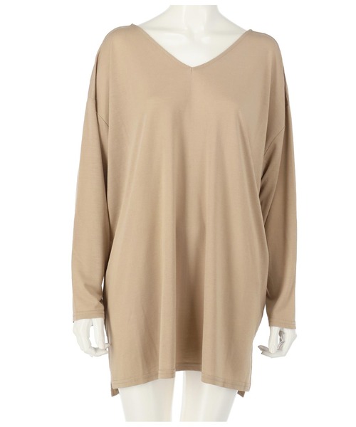 ANAP（アナップ）の「VネックゆるロングTシャツ（Tシャツ/カットソー・レディース・ホワイト/ベージュ/ブラック/ミント/ピンクベージュ・FREE）」の6枚目の写真