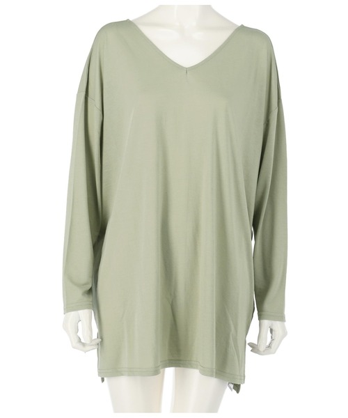 ANAP（アナップ）の「VネックゆるロングTシャツ（Tシャツ/カットソー・レディース・ホワイト/ベージュ/ブラック/ミント/ピンクベージュ・FREE）」の7枚目の写真