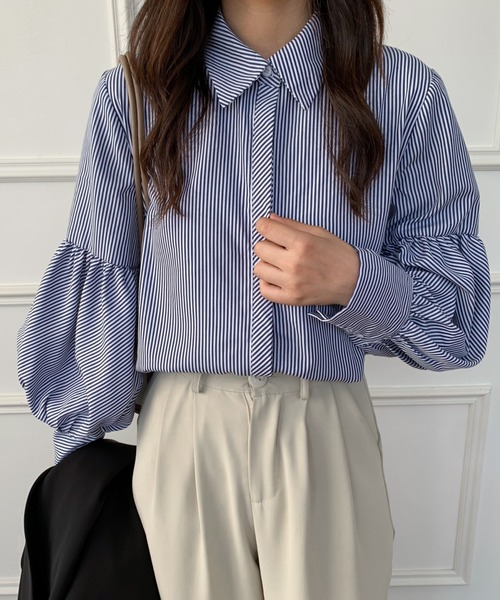 Diosfront（ディオスフロント）の「無地＆ストライプ　バルーンスリーブレギュラーカラーシャツ（シャツ/ブラウス・レディース・ホワイト/ブラック/ブルー/ブラック系その他・M/L）」の8枚目の写真