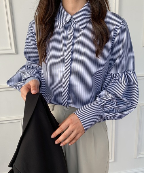 Diosfront（ディオスフロント）の「無地＆ストライプ　バルーンスリーブレギュラーカラーシャツ（シャツ/ブラウス・レディース・ホワイト/ブラック/ブルー/ブラック系その他・M/L）」の10枚目の写真