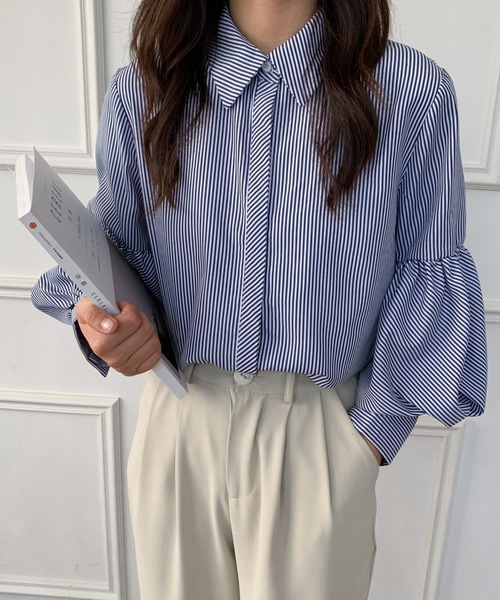 Diosfront（ディオスフロント）の「無地＆ストライプ　バルーンスリーブレギュラーカラーシャツ（シャツ/ブラウス・レディース・ホワイト/ブラック/ブルー/ブラック系その他・M/L）」の11枚目の写真