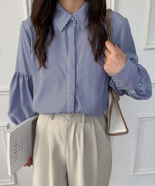 Diosfront（ディオスフロント）の「無地＆ストライプ　バルーンスリーブレギュラーカラーシャツ（シャツ/ブラウス・レディース・ホワイト/ブラック/ブルー/ブラック系その他・M/L）」の12枚目の写真