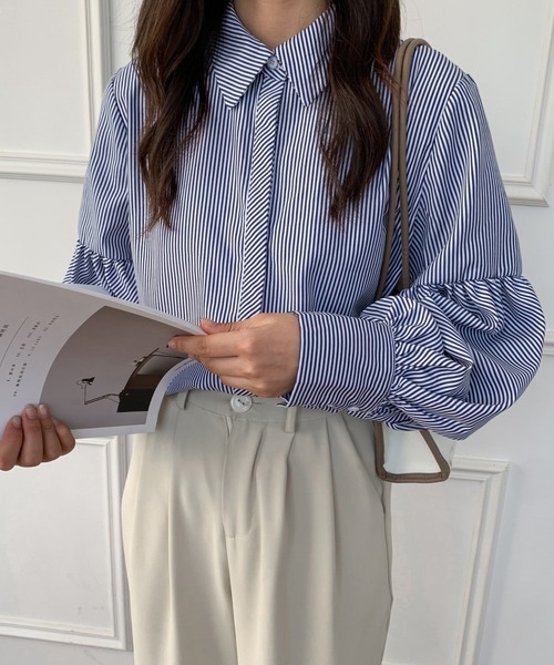 Diosfront（ディオスフロント）の「無地＆ストライプ　バルーンスリーブレギュラーカラーシャツ（シャツ/ブラウス・レディース・ホワイト/ブラック/ブルー/ブラック系その他・M/L）」の13枚目の写真