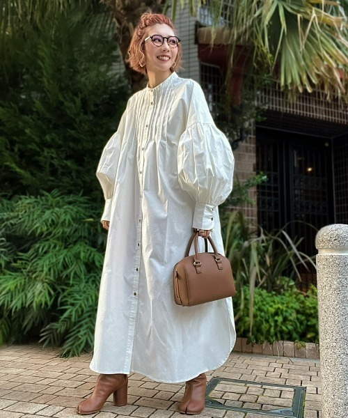 INTER FACTORY（インターファクトリー）の「ファッションインフルエンサー MAIKO - ランタンスリーブシャツワンピース（シャツワンピース・レディース・チャコール/ホワイト・SMALL/MEDIUM）」の3枚目の写真