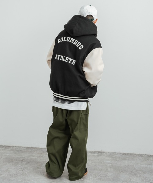 Rocky Monroe（ロッキーモンロー）の「オーバーサイズ ウールライク ワッペン刺繍スタジャン フード付きブルゾン（スタジャン・メンズ・パープル/ネイビー/マスタード/ロイヤルブルー/グリーン/ブラック・M/L/LL）」の10枚目の写真