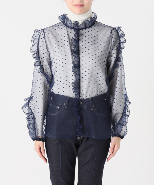 IENA LA BOUCLE（イエナラブークル）の「IENA LA BOUCLE ドットオーガンジーラッフルブラウス（シャツ/ブラウス・レディース・ネイビー・FREE）」の7枚目の写真
