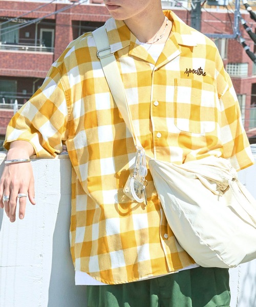 SPOC STORE（スポックストア）の「【SPOC STORE】ロゴ刺繍 ヴィンテージライクチェック オープンカラービッグ半袖シャツ（シャツ/ブラウス・メンズ・ブラック系1/ピンク系/イエロー系/ブラック系2/ネイビー系・M/L）」の5枚目の写真