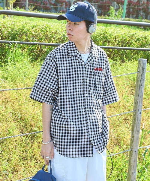 SPOC STORE（スポックストア）の「【SPOC STORE】ロゴ刺繍 ヴィンテージライクチェック オープンカラービッグ半袖シャツ（シャツ/ブラウス・メンズ・ブラック系1/ピンク系/イエロー系/ブラック系2/ネイビー系・M/L）」の11枚目の写真