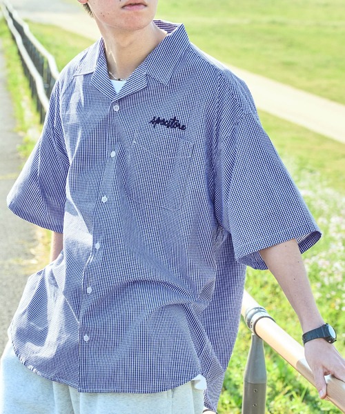 SPOC STORE（スポックストア）の「【SPOC STORE】ロゴ刺繍 ヴィンテージライクチェック オープンカラービッグ半袖シャツ（シャツ/ブラウス・メンズ・ブラック系1/ピンク系/イエロー系/ブラック系2/ネイビー系・M/L）」の14枚目の写真