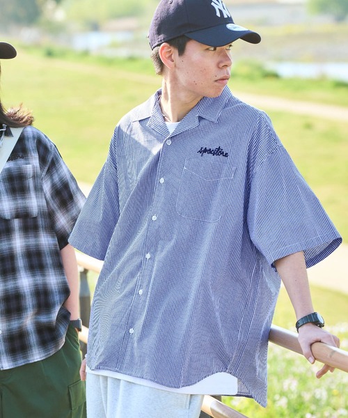 SPOC STORE（スポックストア）の「【SPOC STORE】ロゴ刺繍 ヴィンテージライクチェック オープンカラービッグ半袖シャツ（シャツ/ブラウス・メンズ・ブラック系1/ピンク系/イエロー系/ブラック系2/ネイビー系・M/L）」の20枚目の写真