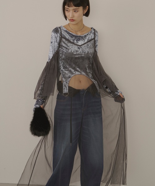 VIOLETTA（ヴィオレッタ）の「クラッシュベロアクロップドトップス（Tシャツ/カットソー・レディース・グレイッシュブルー/ホワイト/ブラック/ピンク・FREE）」の21枚目の写真