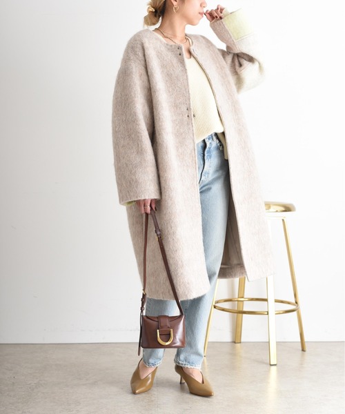 Eimee Law バックキルト配色シャギーコート ロングコート　ベージュ　M マーブルシャギーロングコート Eimee Law│Eimee Law & LHELBIE 公式