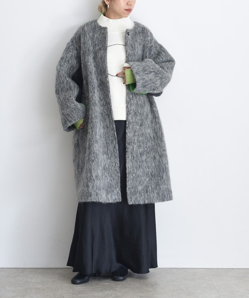 マーブルシャギーロングコート（ノーカラーコート）｜Eimee Law