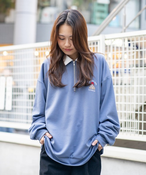 Red Cap Girl(レッドキャプガール)の「【UNIIT × RED CAP GIRL】 ワンポイント 襟配色 ダンボール ハーフジップポロ(ポロシャツ・メンズ・ブラック/グレー/ホワイト/ブルー・LARGE/MEDIUM)」の6枚目の写真