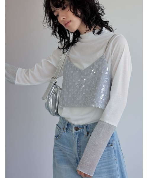 Re:EDIT（リエディ）の「[2024SS PRE ORDER]プチハイネックラメスリーブシアートップス（その他トップス・レディース・ホワイト系その他/ブラック系その他/ブラウン系その他/ブルー系その他・MEDIUM/LARGE）」の2枚目の写真