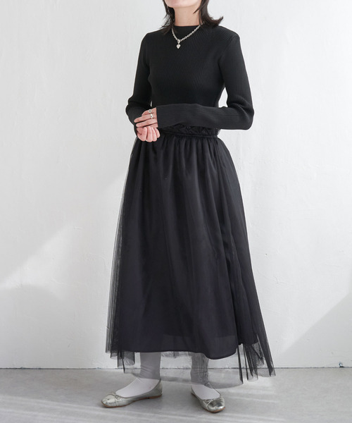 VENCEEXCHANGE（ヴァンスエクスチェンジ）の「ニットチュールドッキングワンピース（ワンピース・レディース・ブラック/グレー/オフホワイト・M）」の4枚目の写真