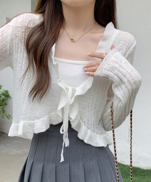 Twinkle;pm(トゥインクルピーエム)の「フリルシアーショートカーディガン(カーディガン/ボレロ・レディース・ホワイト/アイボリー/ライトグリーン/ブラック・FREE)」の1枚目の写真