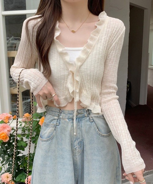 Twinkle;pm(トゥインクルピーエム)の「フリルシアーショートカーディガン(カーディガン/ボレロ・レディース・ホワイト/アイボリー/ライトグリーン/ブラック・FREE)」の2枚目の写真