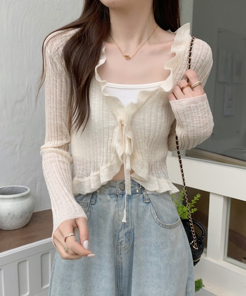 Twinkle;pm(トゥインクルピーエム)の「フリルシアーショートカーディガン(カーディガン/ボレロ・レディース・ホワイト/アイボリー/ライトグリーン/ブラック・FREE)」の7枚目の写真