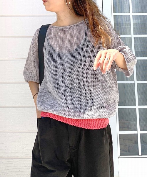 Q（キュー）の「ストローヤーン5分袖ニット（ニット/セーター・レディース・ブルー/ライトグレー/ホワイト・MEDIUM）」の3枚目の写真