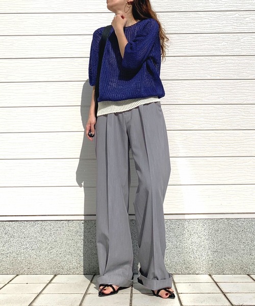 Q（キュー）の「ストローヤーン5分袖ニット（ニット/セーター・レディース・ブルー/ライトグレー/ホワイト・MEDIUM）」の12枚目の写真