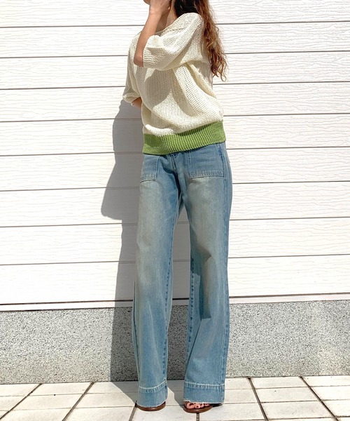 Q（キュー）の「ストローヤーン5分袖ニット（ニット/セーター・レディース・ブルー/ライトグレー/ホワイト・MEDIUM）」の4枚目の写真