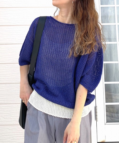 Q（キュー）の「ストローヤーン5分袖ニット（ニット/セーター・レディース・ブルー/ライトグレー/ホワイト・MEDIUM）」の15枚目の写真