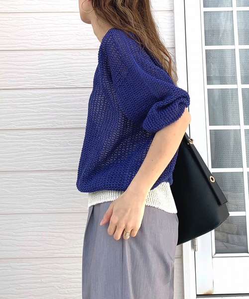 Q（キュー）の「ストローヤーン5分袖ニット（ニット/セーター・レディース・ブルー/ライトグレー/ホワイト・MEDIUM）」の16枚目の写真