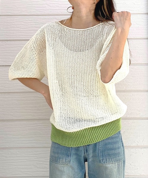 Q（キュー）の「ストローヤーン5分袖ニット（ニット/セーター・レディース・ブルー/ライトグレー/ホワイト・MEDIUM）」の17枚目の写真