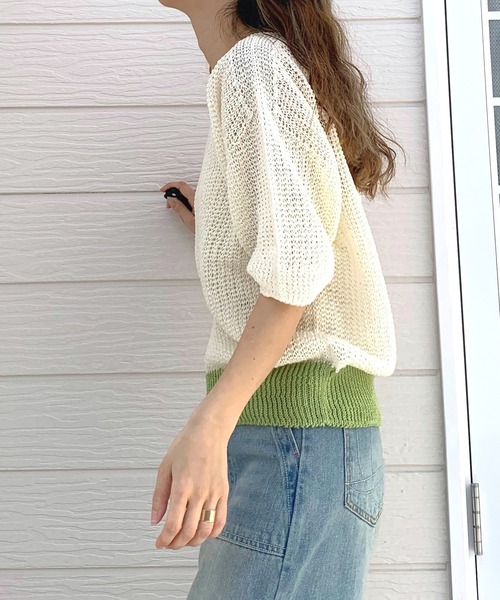 Q（キュー）の「ストローヤーン5分袖ニット（ニット/セーター・レディース・ブルー/ライトグレー/ホワイト・MEDIUM）」の18枚目の写真