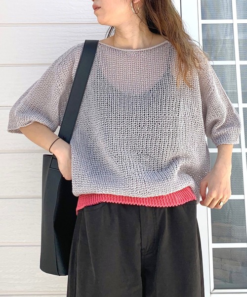 Q（キュー）の「ストローヤーン5分袖ニット（ニット/セーター・レディース・ブルー/ライトグレー/ホワイト・MEDIUM）」の9枚目の写真