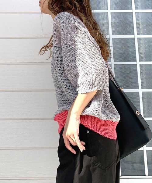 Q（キュー）の「ストローヤーン5分袖ニット（ニット/セーター・レディース・ブルー/ライトグレー/ホワイト・MEDIUM）」の10枚目の写真