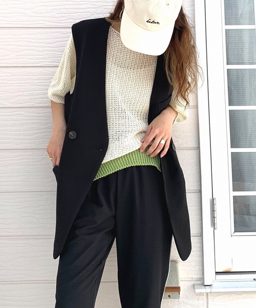 Q（キュー）の「ストローヤーン5分袖ニット（ニット/セーター・レディース・ブルー/ライトグレー/ホワイト・MEDIUM）」の7枚目の写真