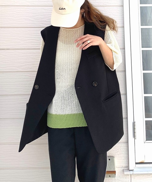 Q（キュー）の「ストローヤーン5分袖ニット（ニット/セーター・レディース・ブルー/ライトグレー/ホワイト・MEDIUM）」の8枚目の写真