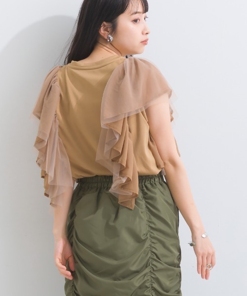 terrace（テラス）の「シルケットスパン×チュールレース×シフォン フラッフィーフリルトップ（Tシャツ/カットソー・レディース・オフホワイト/ブラック/ベージュ・MEDIUM）」の3枚目の写真