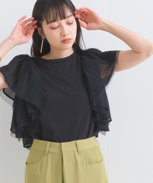 terrace（テラス）の「シルケットスパン×チュールレース×シフォン フラッフィーフリルトップ（Tシャツ/カットソー・レディース・オフホワイト/ブラック/ベージュ・MEDIUM）」の2枚目の写真