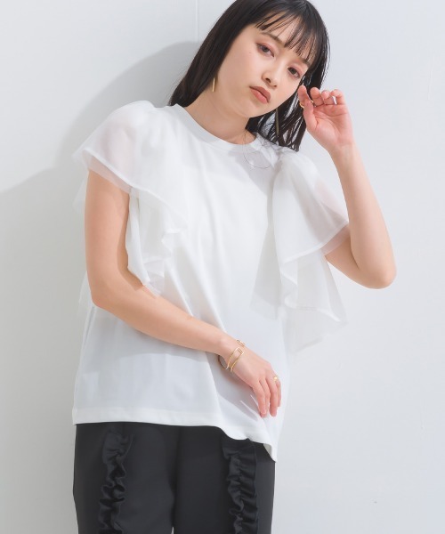 terrace（テラス）の「シルケットスパン×チュールレース×シフォン フラッフィーフリルトップ（Tシャツ/カットソー・レディース・オフホワイト/ブラック/ベージュ・MEDIUM）」の6枚目の写真