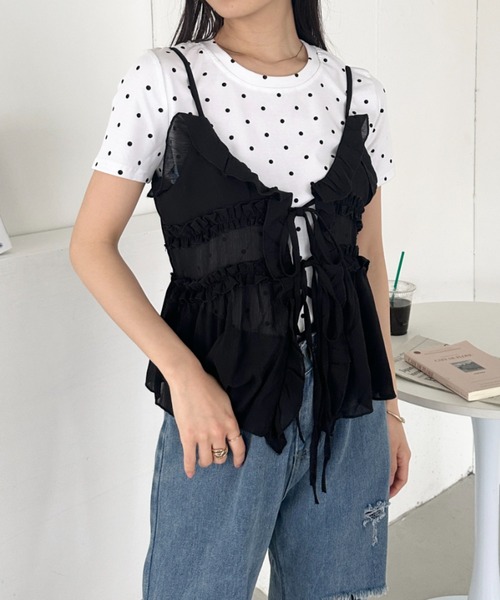 花柄フリルリボンキャミソール 入手困難レア ラナン RANAN バックリボン花柄キャミワンピ （ブラックケイ