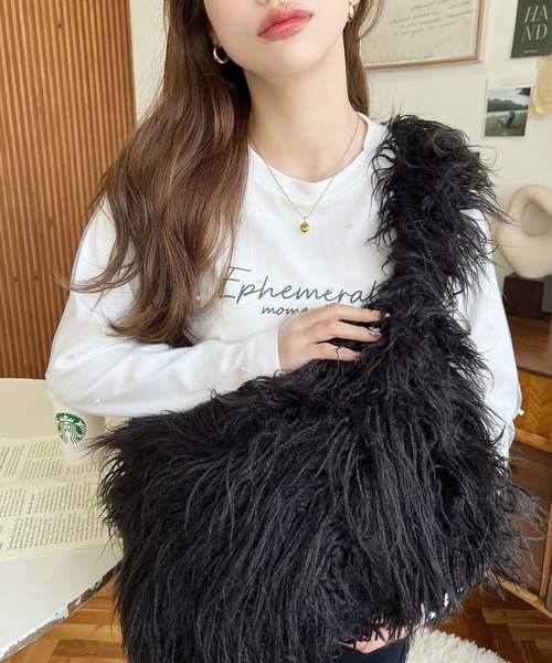 【関税込み】AMOMENTO ベージュ フェイクファー トートバッグ tm0269-1.jpg
