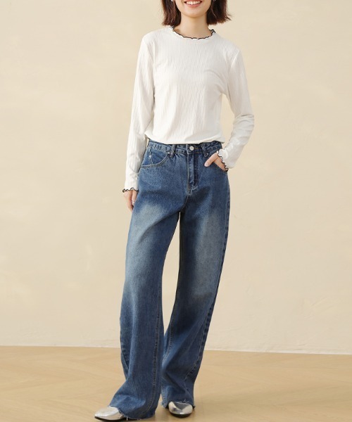 Doux Belle(ドゥーベル)の「ベーシックリブニットトップス(Tシャツ/カットソー・レディース・ネイビー/イエロー/ブラック/グレー/ブルー/オフホワイト・MEDIUM/LARGE/X-LARGE)」の18枚目の写真