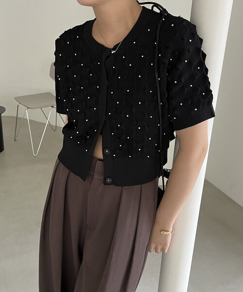 CAPRICIEUX LE'MAGE（カプリシューレマージュ）の「ツブドット半袖カーディガン（カーディガン/ボレロ・レディース・ブラック/オフホワイト/ブラウン・FREE）」の14枚目の写真