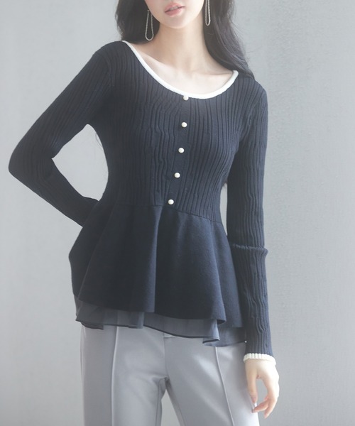 SAISON DE PAPILLON(セゾンドパピヨン)の「ランダムリブ編みぺプラム裾ニットプルオーバー(ニット/セーター・レディース・アイボリー/ブラック・M/L)」の3枚目の写真