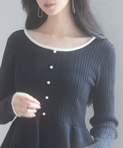 SAISON DE PAPILLON(セゾンドパピヨン)の「ランダムリブ編みぺプラム裾ニットプルオーバー(ニット/セーター・レディース・アイボリー/ブラック・M/L)」の4枚目の写真