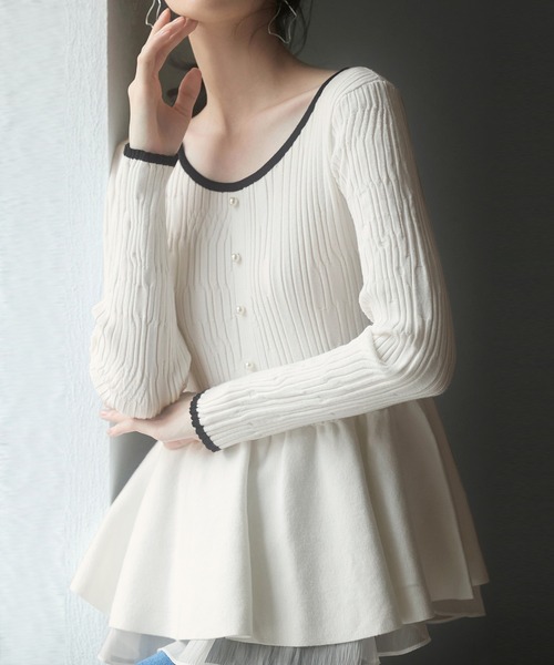 SAISON DE PAPILLON(セゾンドパピヨン)の「ランダムリブ編みぺプラム裾ニットプルオーバー(ニット/セーター・レディース・アイボリー/ブラック・M/L)」の13枚目の写真