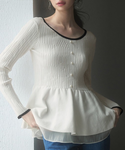 SAISON DE PAPILLON(セゾンドパピヨン)の「ランダムリブ編みぺプラム裾ニットプルオーバー(ニット/セーター・レディース・アイボリー/ブラック・M/L)」の14枚目の写真