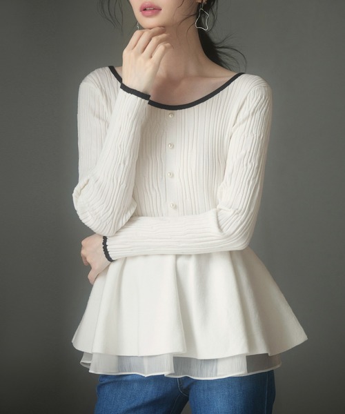 SAISON DE PAPILLON(セゾンドパピヨン)の「ランダムリブ編みぺプラム裾ニットプルオーバー(ニット/セーター・レディース・アイボリー/ブラック・M/L)」の20枚目の写真