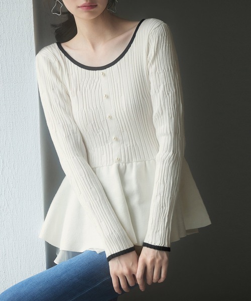 SAISON DE PAPILLON(セゾンドパピヨン)の「ランダムリブ編みぺプラム裾ニットプルオーバー(ニット/セーター・レディース・アイボリー/ブラック・M/L)」の21枚目の写真