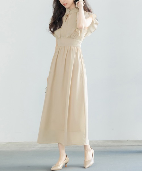 ジョゼットワンピース セール】フリルカラーロング丈ジョゼットワンピース（ワンピース