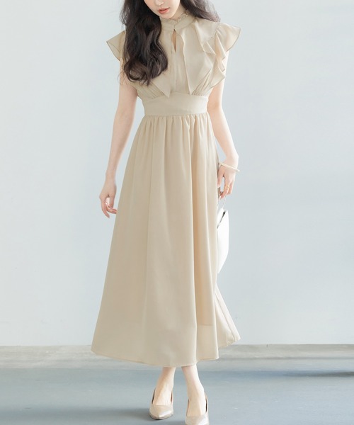 DRESS PLUS（ドレスプラス）の「フリルカラーロング丈ジョゼットワンピース（ワンピース・レディース・アイボリー/ベージュ/ブラック・M/L/S）」の14枚目の写真